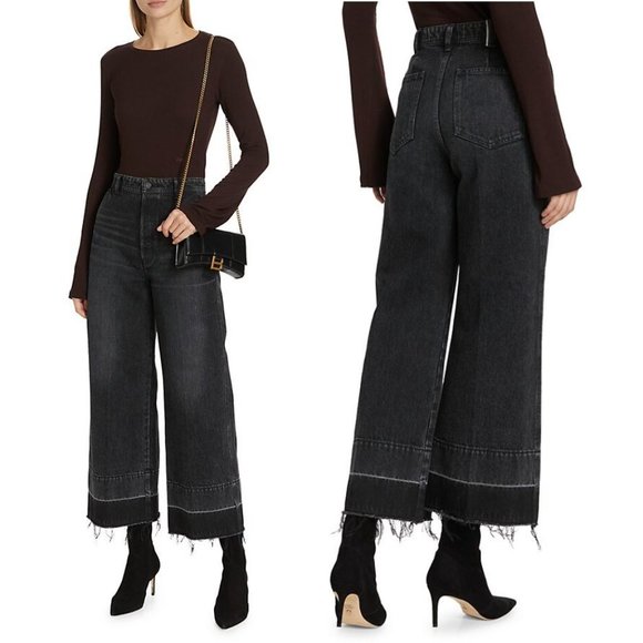 MOUSSY VINTAGE Elba JEANS Size 29 Wide Crop Raw Hem Black Denim NEW $325